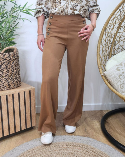 Pantalon femme camel fluide taille haute boutonné Dina