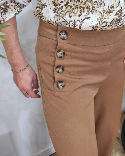 Pantalon femme camel fluide taille haute boutonné Dina