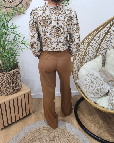 Pantalon femme camel fluide taille haute boutonné Dina
