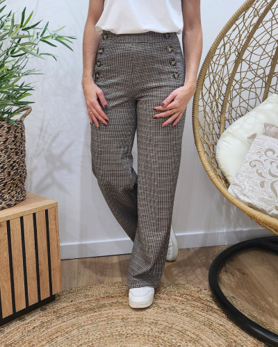 Pantalon femme a carreaux fluide taille haute boutonne Dina 29457