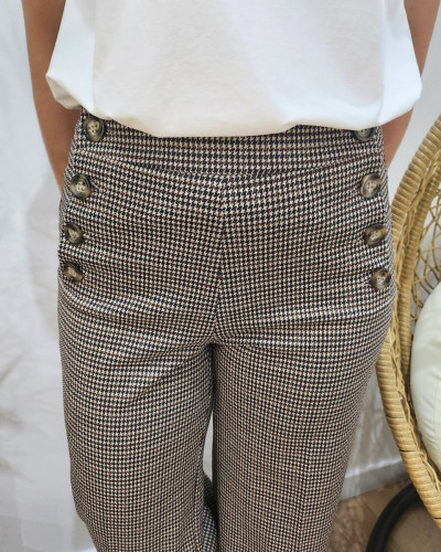 Pantalon femme à carreaux fluide taille haute boutonné Dina