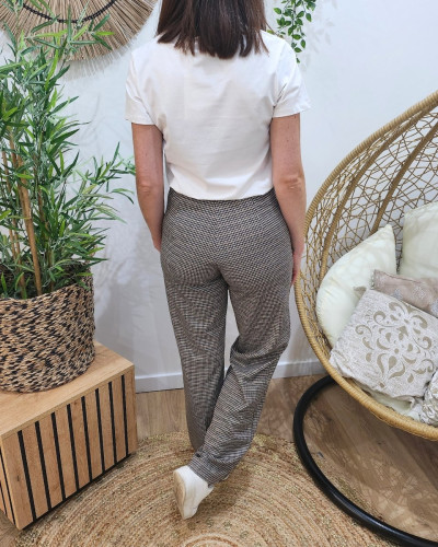 Pantalon femme à carreaux fluide taille haute boutonné Dina