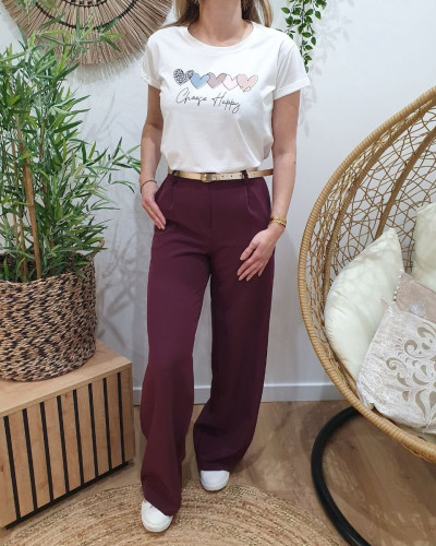 Pantalon femme fluide lie de vin taille haute Kaira