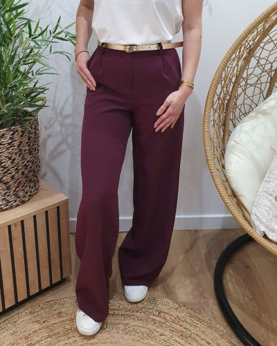 Pantalon femme fluide lie de vin taille haute Kaira