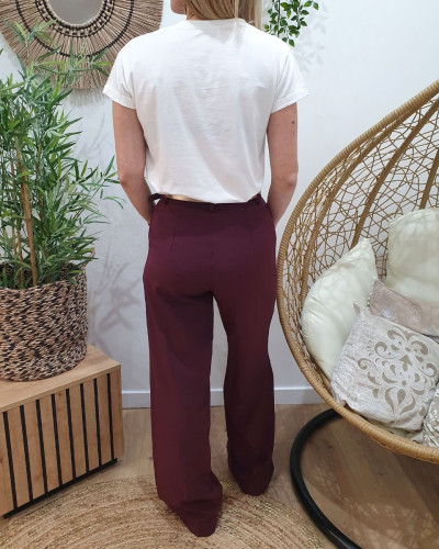 Pantalon femme fluide lie de vin taille haute Kaira