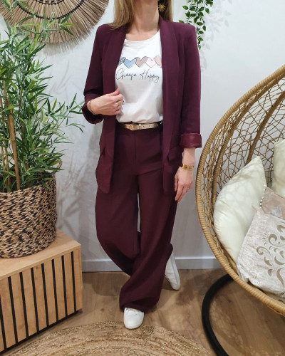 Pantalon femme fluide lie de vin taille haute Kaira