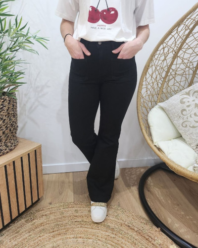 Jean femme noir flare poches plaquées