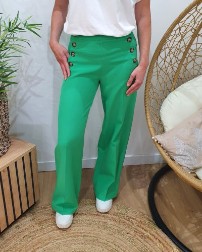 Pantalon femme vert gazon fluide taille haute boutonné Dina