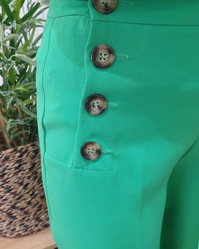 Pantalon femme vert gazon fluide taille haute boutonné Dina