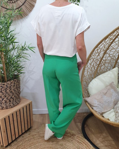 Pantalon femme vert gazon fluide taille haute boutonné Dina