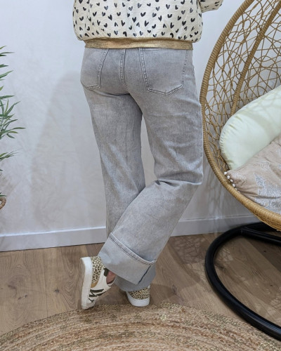 Jean femme gris clair flare gros bords taille haute