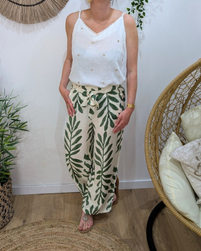 Pantalon fluide femme écru et vert Ismérie