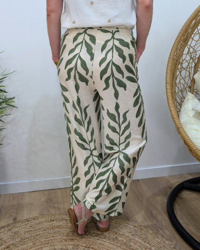 Pantalon fluide femme écru et vert Ismérie