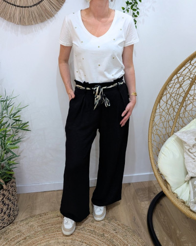 Pantalon fluide femme noir ruban à motifs