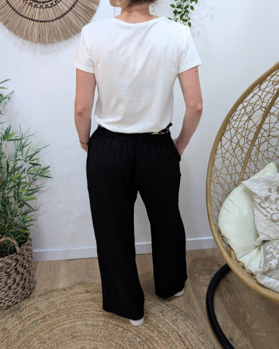 Pantalon fluide femme noir ruban à motifs