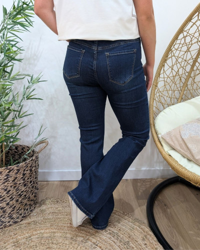 Jean femme flare taille haute bleu foncé coupe confort +