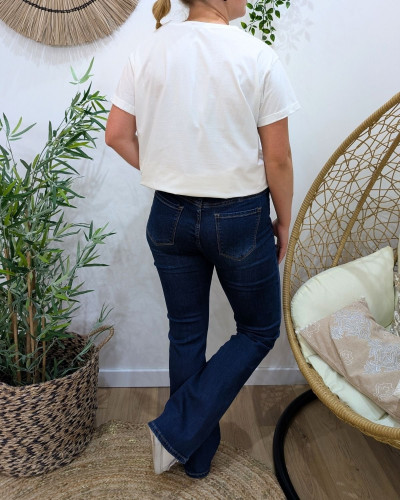 Jean femme flare taille haute bleu foncé coupe confort +