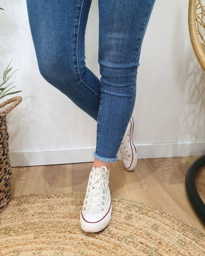Jean femme bleu moyen 7/8 skinny poches effet abîmé