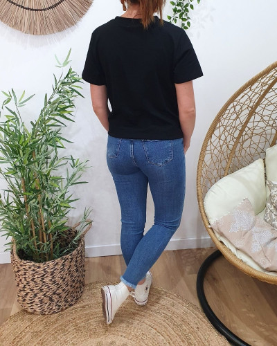 Jean femme bleu moyen 7/8 skinny poches effet abîmé