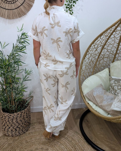 Pantalon fluide femme écru palmiers camel