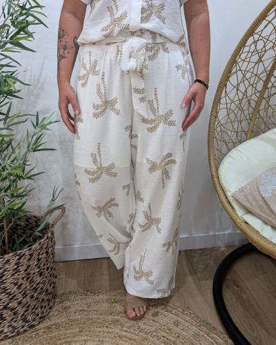 Pantalon fluide femme écru palmiers camel