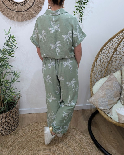 Pantalon fluide femme vert amande palmiers blancs