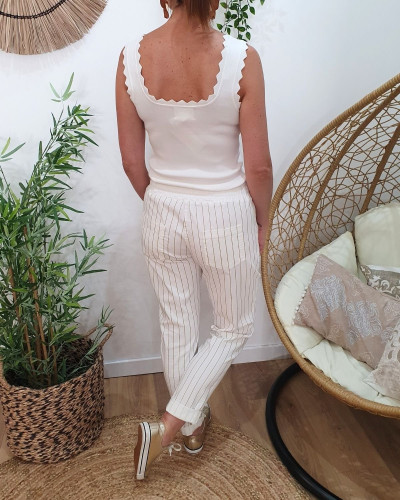 Pantalon femme élastiqué écru rayures dorées pailletées