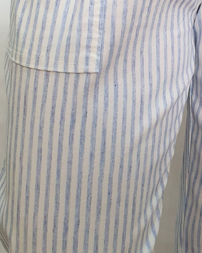 Pantalon femme élastiqué rayé écru et bleu ciel