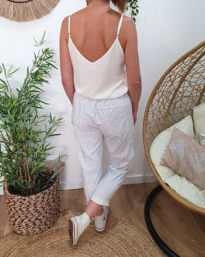 Pantalon femme élastiqué rayé écru et bleu ciel