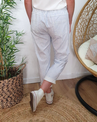 Pantalon femme élastiqué rayé écru et bleu ciel