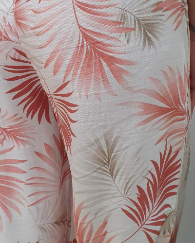 Pantalon fluide femme écru feuillages roses et taupes Ombelline