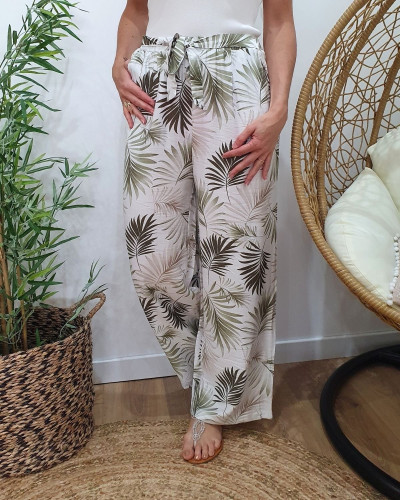 Pantalon fluide femme écru feuillages kaki et taupes Ombelline