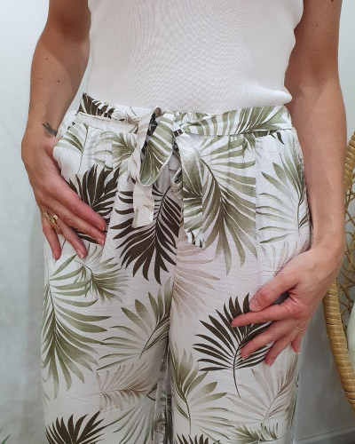 Pantalon fluide femme écru feuillages kaki et taupes Ombelline