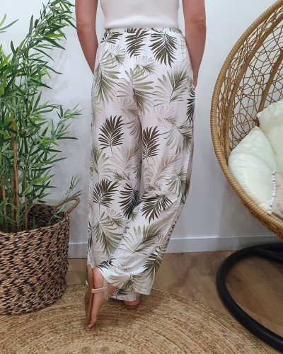 Pantalon fluide femme écru feuillages kaki et taupes Ombelline