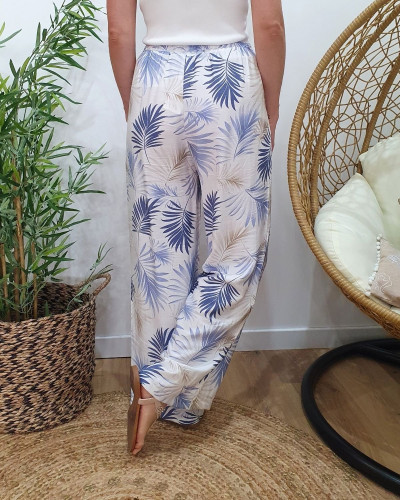 Pantalon fluide femme écru feuillages bleus et beiges Ombelline