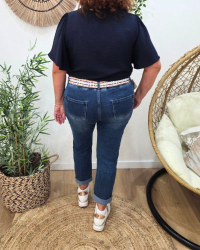 Jean femme élastiqué grande taille bleu moyen ceinture brodée