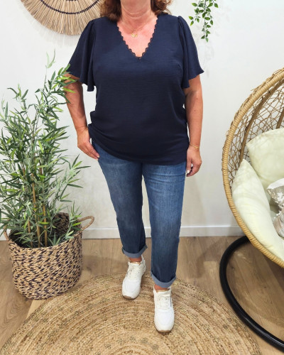 Jean femme élastiqué grande taille bleu moyen ceinture brodée