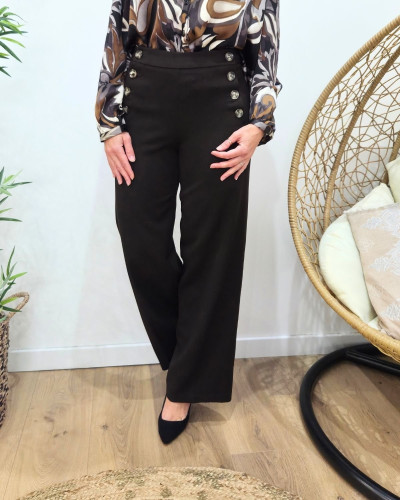 Pantalon femme marron foncé fluide taille haute boutonné Dina