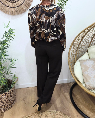 Pantalon femme marron foncé fluide taille haute boutonné Dina