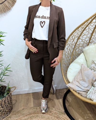 Blazer femme manches plissées marron choco