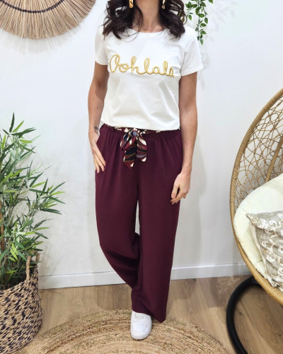 Pantalon fluide femme large rouge bordeaux ceinture à motifs Maïra