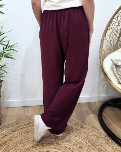 Pantalon fluide femme large rouge bordeaux ceinture à motifs Maïra