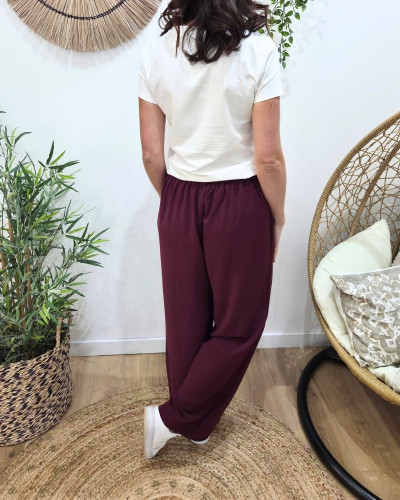 Pantalon fluide femme large rouge bordeaux ceinture à motifs Maïra