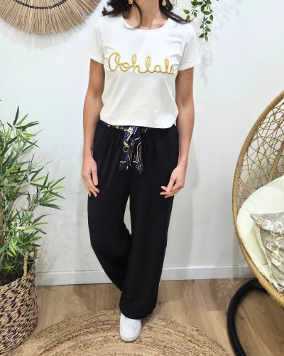 Pantalon fluide femme large noir ceinture à motifs Maïra