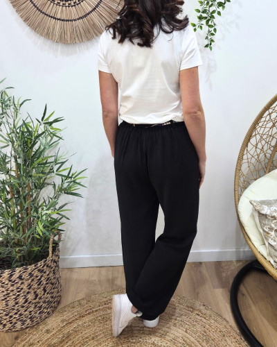 Pantalon fluide femme large noir ceinture à motifs Maïra