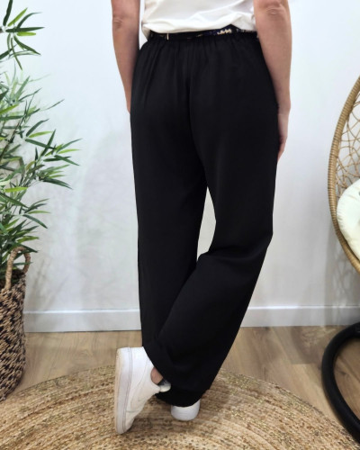 Pantalon fluide femme large noir ceinture à motifs Maïra