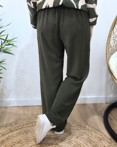Pantalon fluide femme large kaki ceinture à motifs Maïra