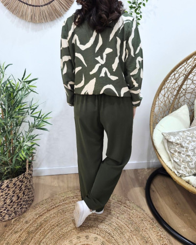 Pantalon fluide femme large kaki ceinture à motifs Maïra