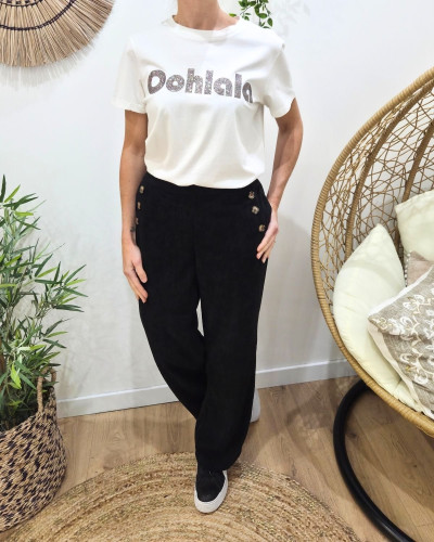Pantalon large velours femme taille haute boutonné noir
