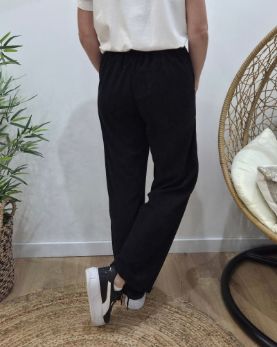 Pantalon large velours femme taille haute boutonné noir